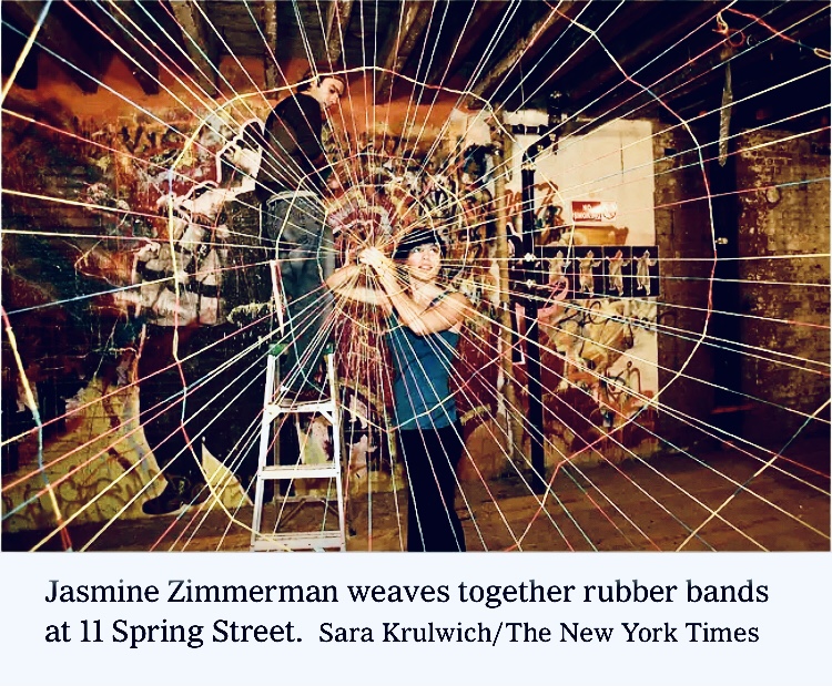 Jasmine Zimmerman weaves together rubber bands at 11 Spring Street — photographed by Sara Krulwich for The New York Times